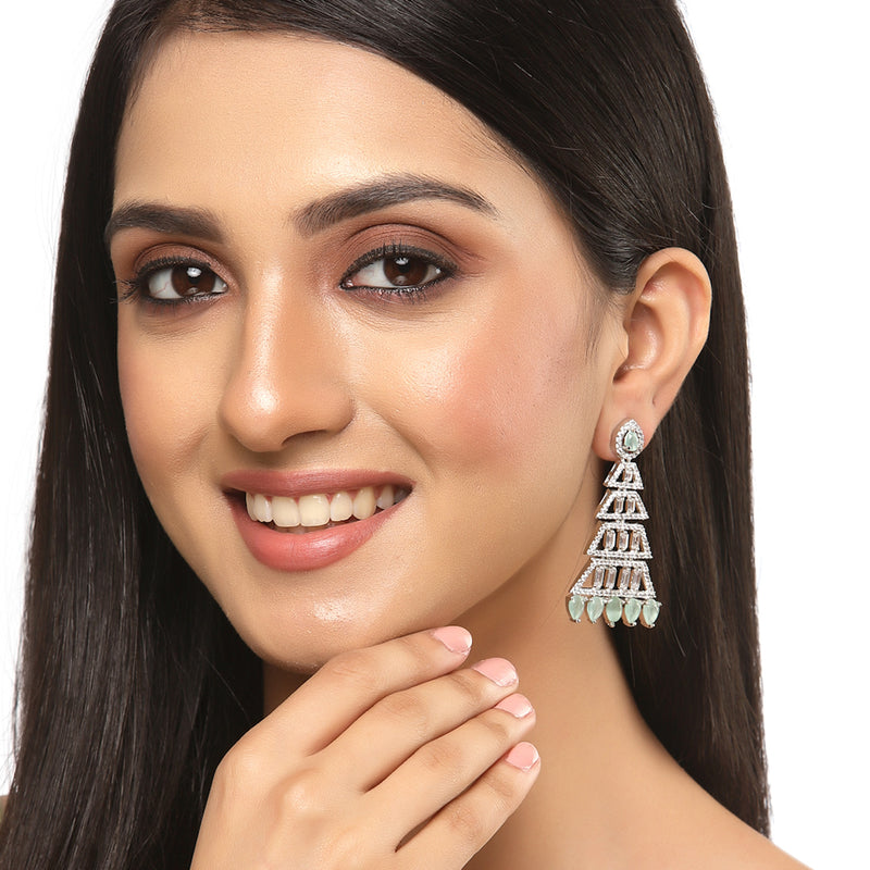 Rhodium-Plated Silver Toned Sea Green & White American Diamond studded Triangular Shaped Drop Earrings
