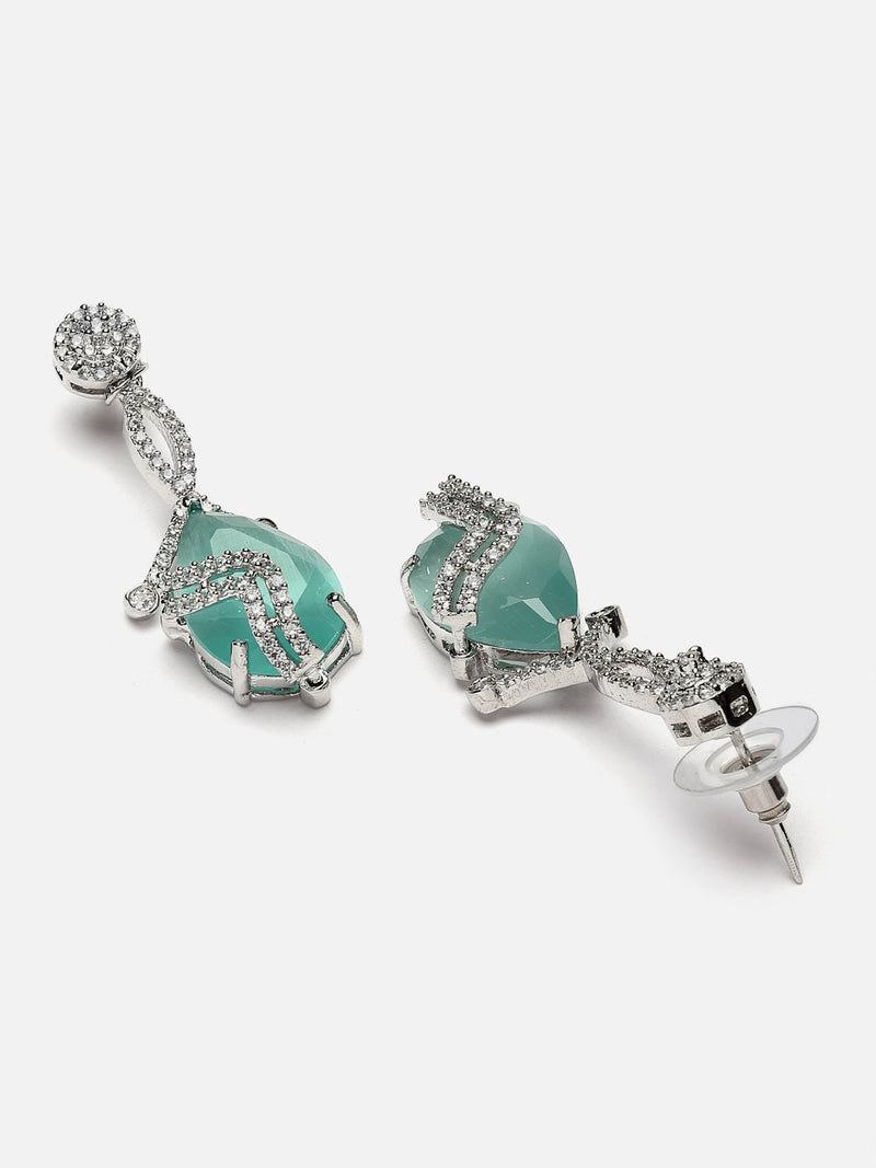 Rhodium-Plated Sea Green & White American Diamond studded Trardrop Shaped Drop Earrings