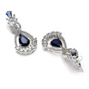 Rhodium Plated Teardrop & Leaf Blue American Diamond Contemporary Long Drop Earrings