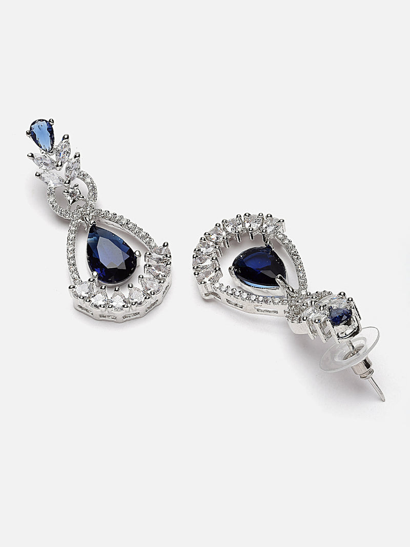 Rhodium-Plated Navy Blue American Diamond studded Teardrop & Leaf Shaped Drop Earrings