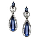 Rhodium-Plated Navy Blue American Diamond studded Handcrafted Long Teardrop Shaped Drop Earrings