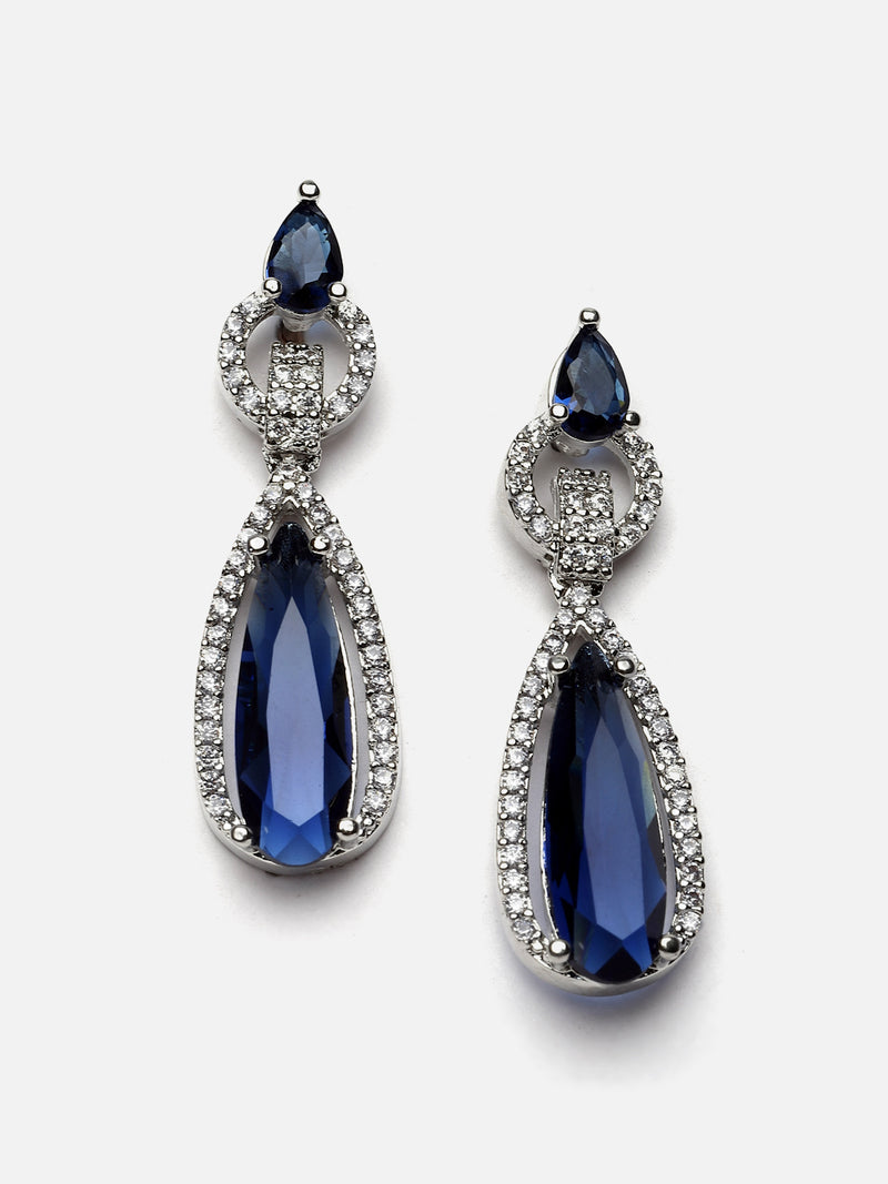 Rhodium-Plated Navy Blue American Diamond studded Handcrafted Long Teardrop Shaped Drop Earrings