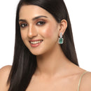 Rhodium-Plated Silver Toned Sea Green & White American Diamond studded Geometric Shaped Drop Earrings