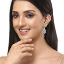 Rhodium-Plated Silver Toned Sea Green American Diamond studded Spiked Shaped Drop Earrings