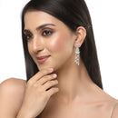 Rhodium-Plated Silver Toned Lime Green & Pink American Diamond studded Crescent Shaped Drop Earrings