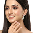 Rhodium-Plated Silver Toned Sea Green & White American Diamond studded Crescent Shaped Drop Earrings