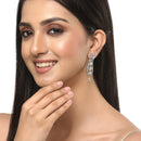 Rhodium-Plated Silver Toned Sea Green & White American Diamond studded Crescent Shaped Drop Earrings