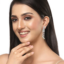 Rhodium-Plated Silver Toned Sea Green & White American Diamond studded Crescent Shaped Drop Earrings
