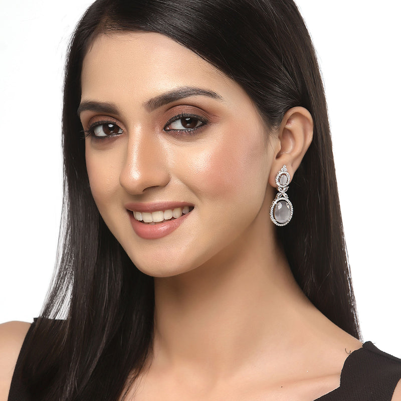 Rhodium-Plated Silver Toned Pink & White American Diamond studded Oval Shaped Drop Earrings