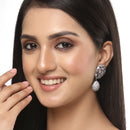 Rhodium-Plated Gunmetal Toned White American Diamond Teardrop Shaped Drop Earrings