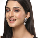 Rhodium-Plated Gunmetal Toned White American Diamond Teardrop Shaped Drop Earrings