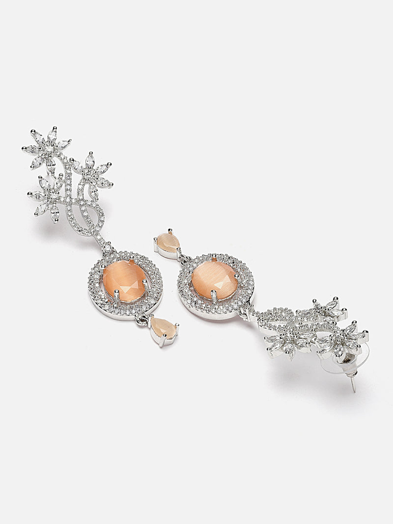 Rhodium-Plated Orange American Diamond studded Contemporary Drop Earrings