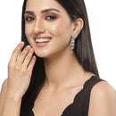 Rhodium-Plated Silver Toned Pink & White American Diamond studded Crescent Shaped Drop Earrings