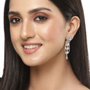 Rhodium-Plated Silver Toned Pink & White American Diamond studded Crescent Shaped Drop Earrings