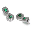 Rhodium-Plated Green & White American Diamond studded Square & Teardrop Shaped Drop Earrings