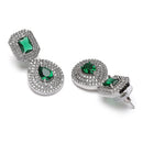 Rhodium Plated Square Green American Diamond Contemporary Drop Earrings