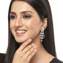 Rhodium-Plated Silver Toned White American Diamond studded Crescent Shaped Drop Earrings