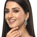 Rhodium-Plated Silver Toned White American Diamond studded Crescent Shaped Drop Earrings