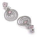 Rhodium Plated Circular Pink American Diamond Contemporary Drop Earrings