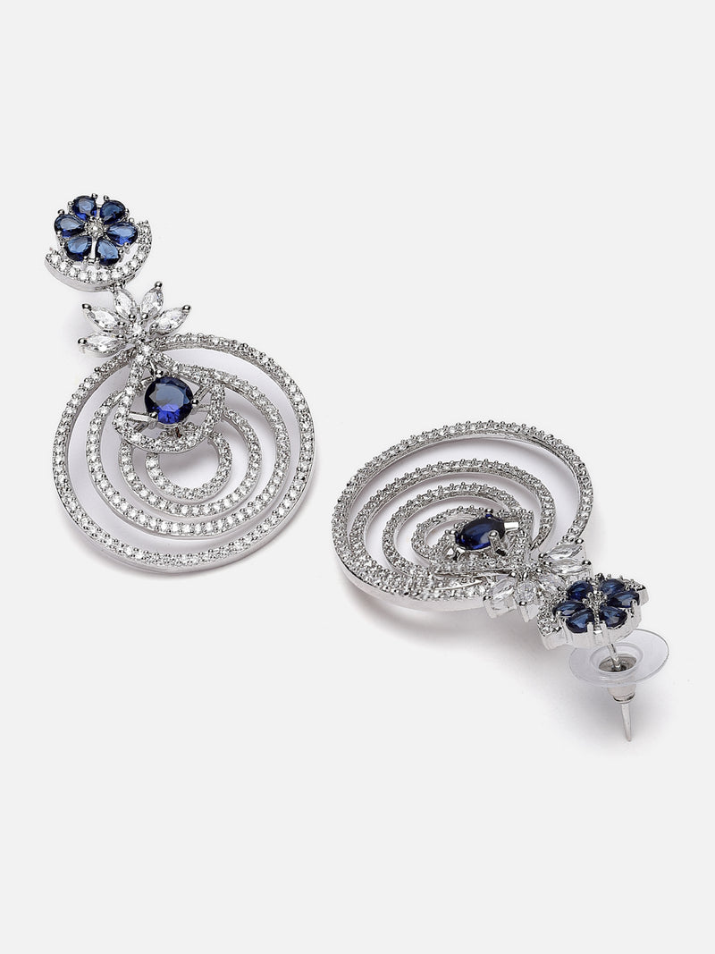 Rhodium-Plated Navy Blue & White American Diamond studded Floral & Circular Layered Drop Earrings