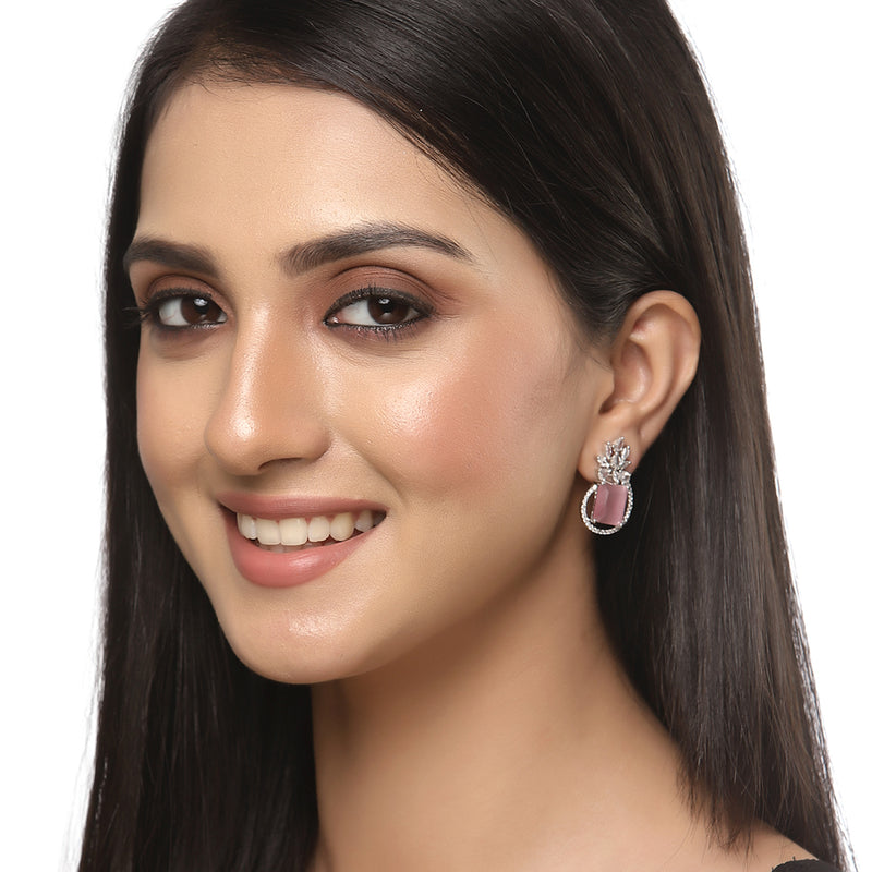 Rhodium-Plated Silver Toned American Diamond studded Paisley Shaped Studs Earrings