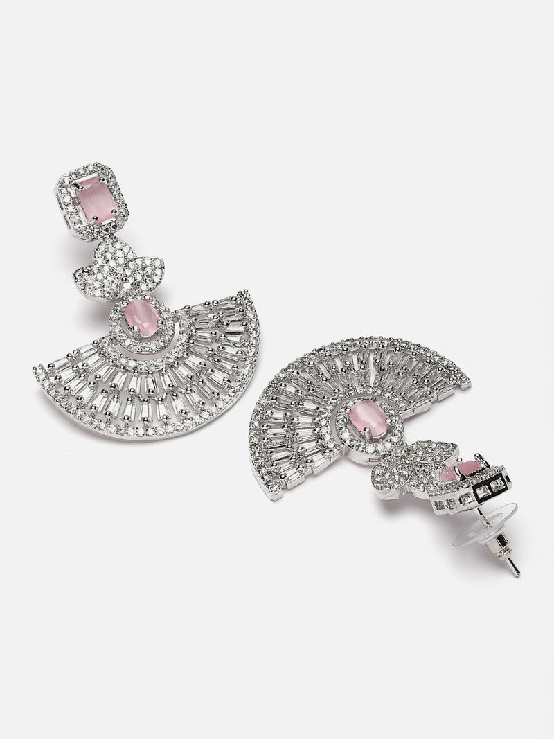 Rhodium-Plated Pink & White American Diamond studded Leaf Shaped Drop Earrings