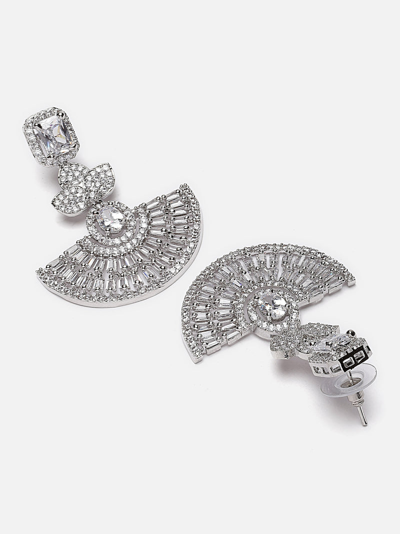 Rhodium-Plated White American Diamond studded Leaf Shaped Drop Earrings