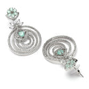 Rhodium Plated Circular Sea Green American Diamond Contemporary Drop Earrings