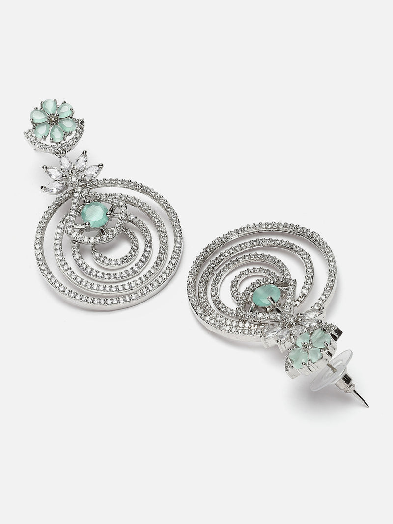 Rhodium-Plated Sea Green & White American Diamond studded Floral & Circular Layered Drop Earrings