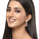 Rhodium-Plated Silver Toned Pink & White American Diamond studded Geometric Shaped Drop Earrings