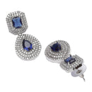 Rhodium Plated Square Blue American Diamond Contemporary Drop Earrings
