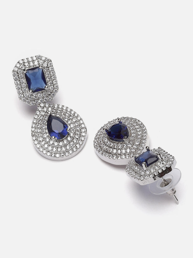 Rhodium-Plated Navy Blue & White American Diamond studded Square & Teardrop Shaped Drop Earrings