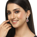 Rhodium-Plated Silver Toned Pink & White American Diamond studded Oval Shaped Drop Earrings