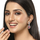 Rhodium-Plated Silver Toned Pink & White American Diamond studded Oval Shaped Drop Earrings