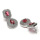 Rhodium Plated Square Red American Diamond Contemporary Drop Earrings