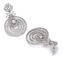 Rhodium Plated Circular White American Diamond Contemporary Long Drop Earrings