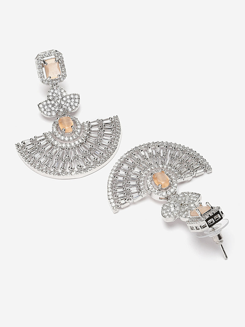 Rhodium-Plated Orange & White American Diamond studded Leaf Shaped Drop Earrings