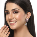 Rhodium-Plated Gunmetal Toned Pink American Diamond Teardrop Shaped Drop Earrings