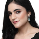 Rhodium-Plated Sea Green American Diamond studded Teardrop & Leaf Shaped Drop Earrings