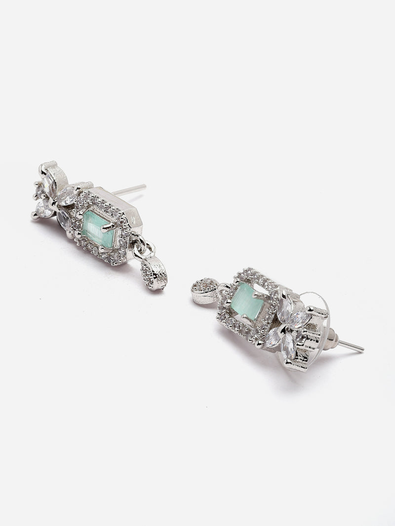 Rhodium-Plated Sea Green American Diamonds Studded Cubical Necklace & Earrings Jewellery Set