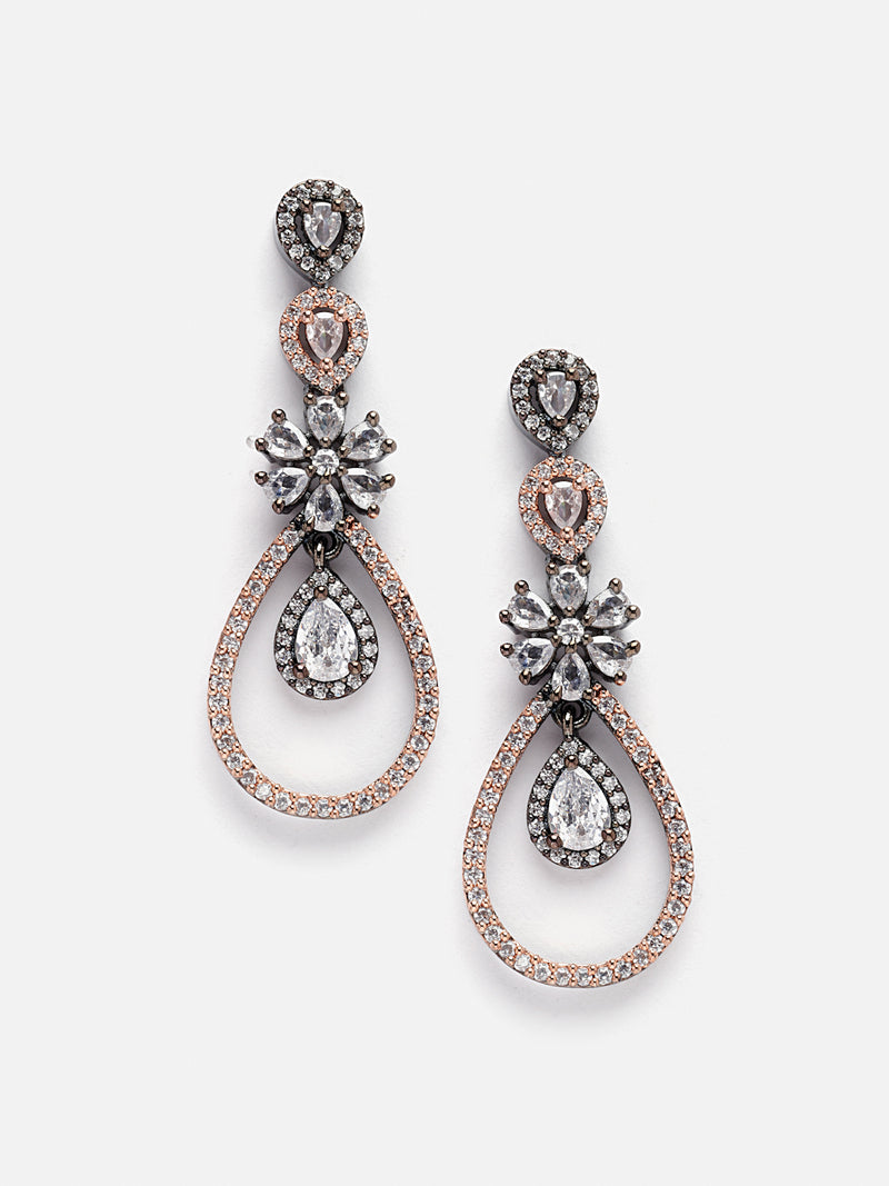 Rose Gold-Plated Gunmetal Toned White American Diamond Studded Teardrop & Floral Shape Jewellery Set