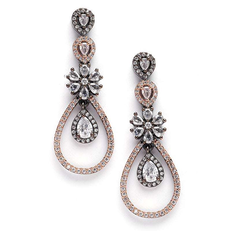 Rose Gold-Plated Gunmetal Toned White American Diamond Studded Teardrop & Floral Shape Jewellery Set