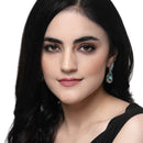 Rhodium-Plated Sea Green American Diamond studded Teardrop & Leaf Shaped Drop Earrings