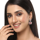 Rhodium-Plated Silver Toned Pink & White American Diamond studded Square Shaped Drop Earrings