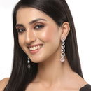 Rhodium-Plated Silver Toned Pink & White American Diamond studded Circular Shaped Drop Earrings