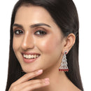 Rhodium-Plated Silver Toned Red & White American Diamond studded Triangular Shaped Drop Earrings