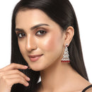 Rhodium-Plated Silver Toned Red & White American Diamond studded Triangular Shaped Drop Earrings