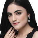 Rhodium-Plated Pink American Diamond studded Handcrafted Oval Shaped Drop Earrings