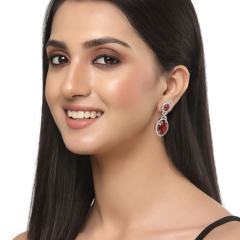 Rhodium-Plated Silver Toned Pink & White American Diamond studded Oval Shaped Drop Earrings