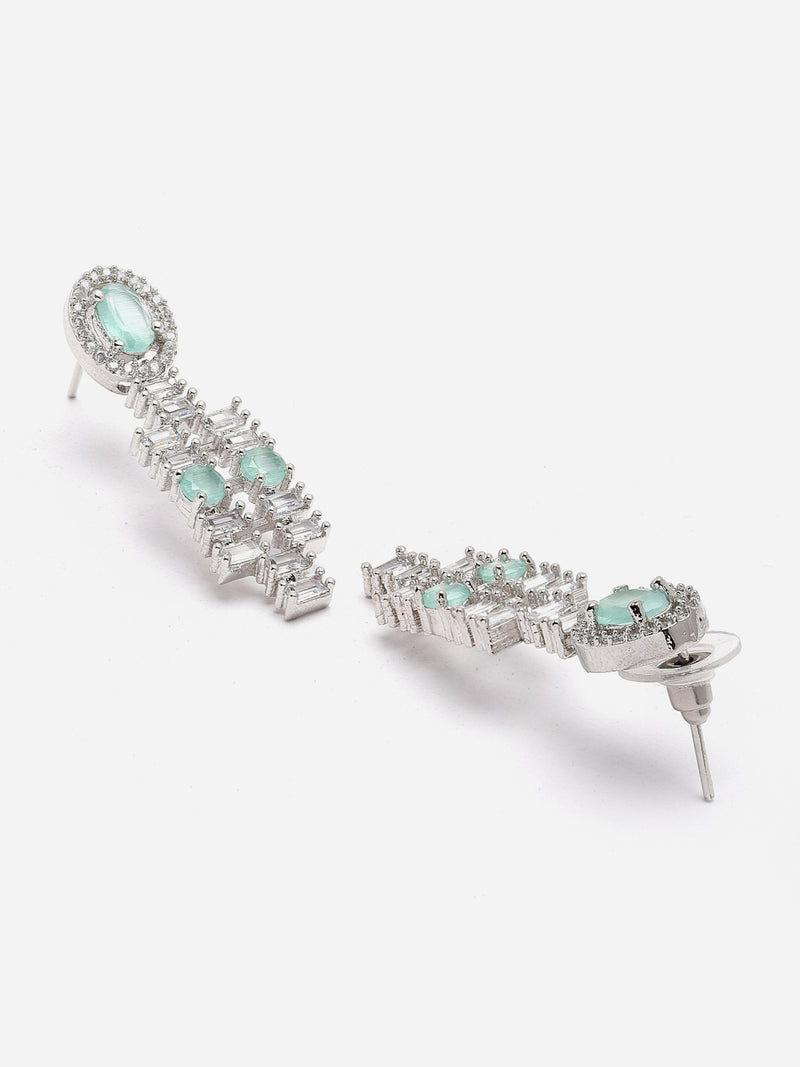 Rhodium-Plated Sea Green Round Shape American Diamonds Studded Necklace & Earrings Jewellery Set